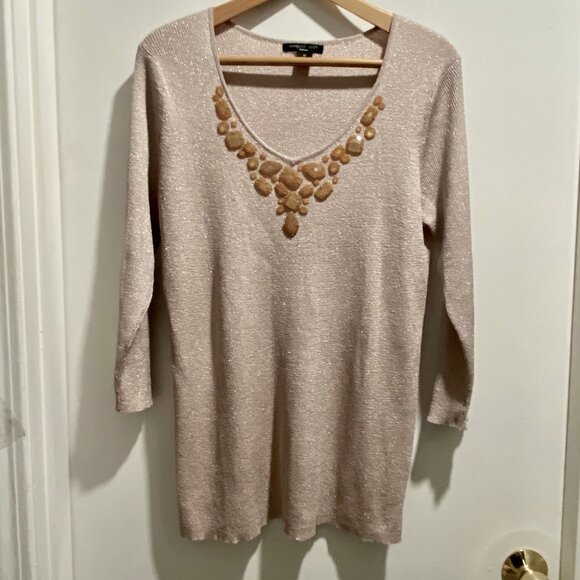 August Silk Quiet Luxury Event V-neck Beaded Metallic Sheen Boho Rib Sweater 2X - Picture 1 of 8